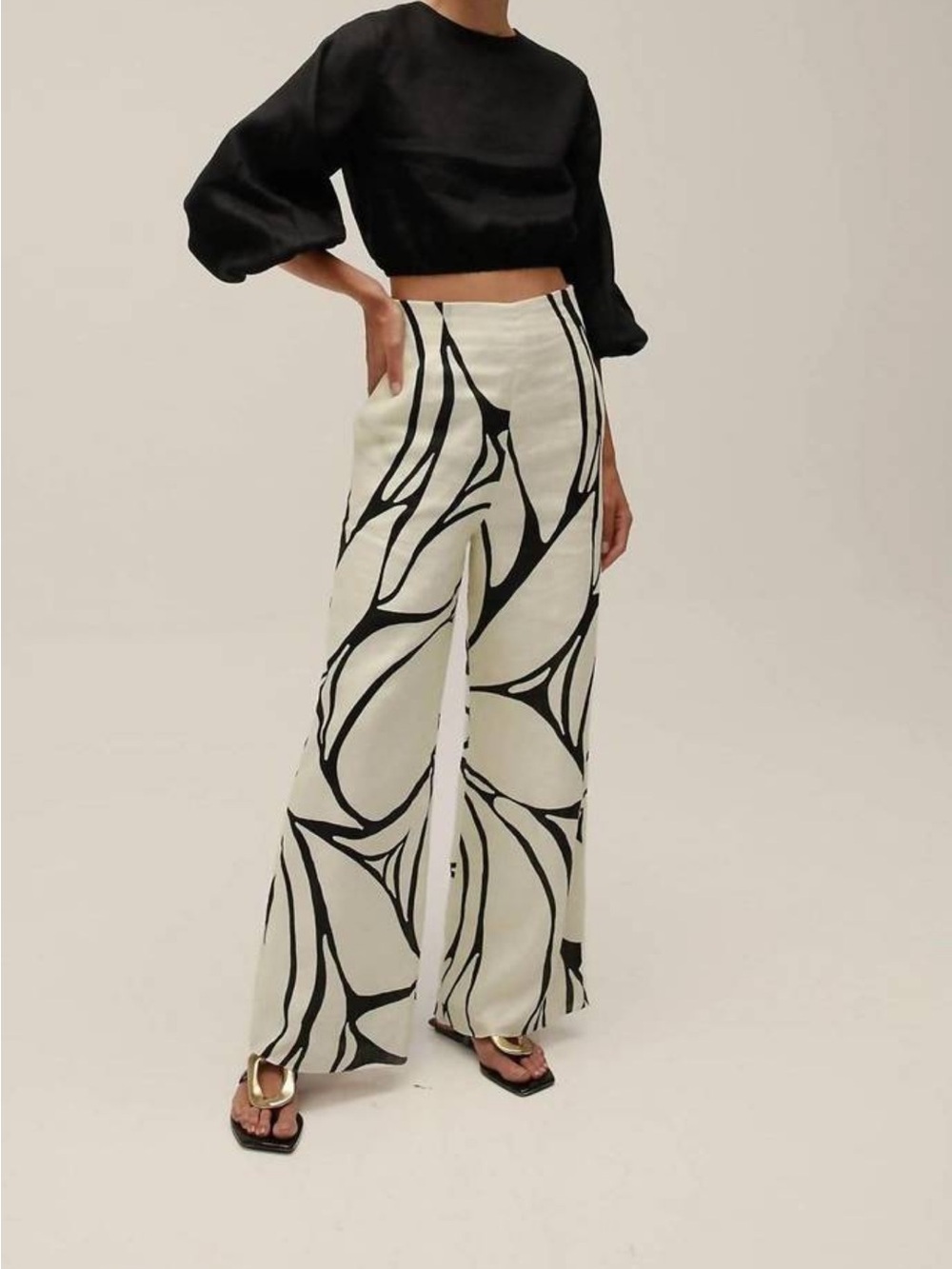 Wide Leg Printed Linen-Blend Pants in Cream & Black